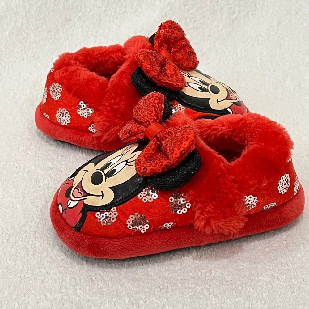Disney Minnie Mouse Red Plush Sequin Slippers Size 5-6